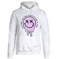 a white hoodie with a purple smiley face on it