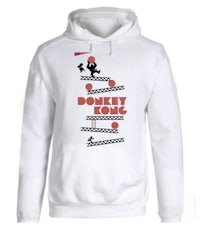 a white hoodie with an image of a man and a woman