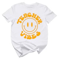 a white t - shirt that says teacher vibes with an orange smiley face