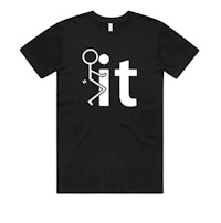 a black t - shirt with the word it on it