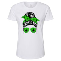 a white women's t - shirt with a marijuana leaf and sunglasses