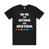 a black t - shirt that says who on the heteros are upstarts