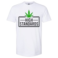 a white t - shirt with the word high standards on it