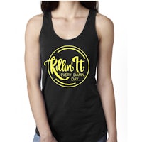a women's black tank top with a yellow logo