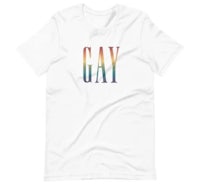 a white t - shirt with the word gay in rainbow colors