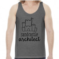 a man wearing a tank top that says sandcastle architect