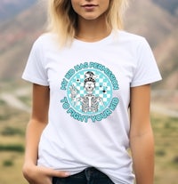 a woman wearing a white t - shirt that says you can't be a buddha