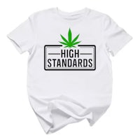 a white t - shirt that says high standards
