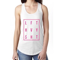 a woman wearing a tank top that says left hvy st