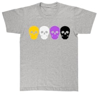four skulls in different colors on a grey t - shirt